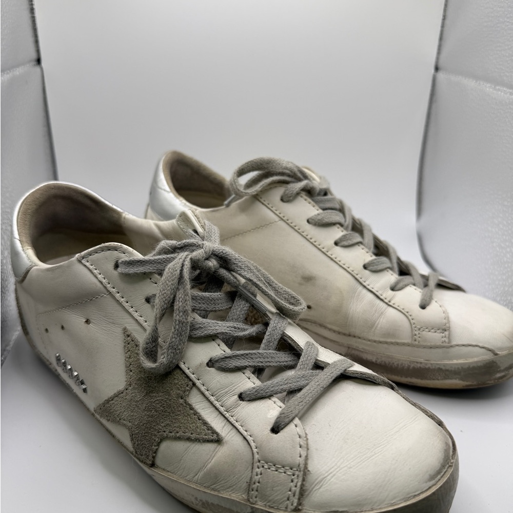 Super Star Golden Goose White Sneakers with Silver Accents!!